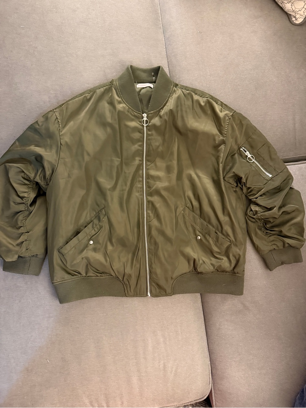 Sincerely Jules Olive Green Quilted Bomber Jacket Women’s Large Ruched Sleeve